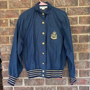 Vintage Lillie Rubin Crest Denim Bomber Jacket Navy Gold Dark Academia Preppy